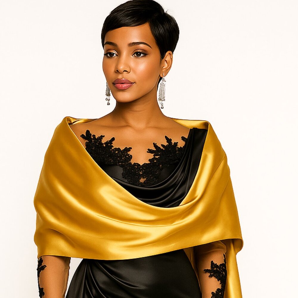 Gold Satin Evening Shawl Wrap – Extra-Long 25.6 × 86.6 in Bridal Pashmina